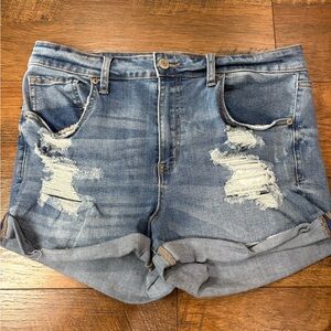 Aeropostale high rise Distressed Roll-Cuff Denim Shorts - Blue 14